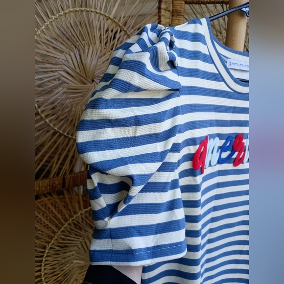 Pretty Little Patriot Blue and White Striped Short Puff Sleeve Tee_Med - Picture 6 of 8